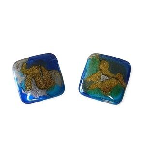 Vintage Artsy Handmade Earrings Oversized Rounded Square Stud Blue Gold Silver